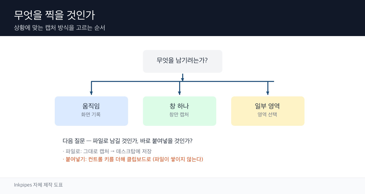전체 화면·영역·특정 창·클립보드 복사로 갈라지는 캡처 단축키 선택 흐름을 나타낸 모식도