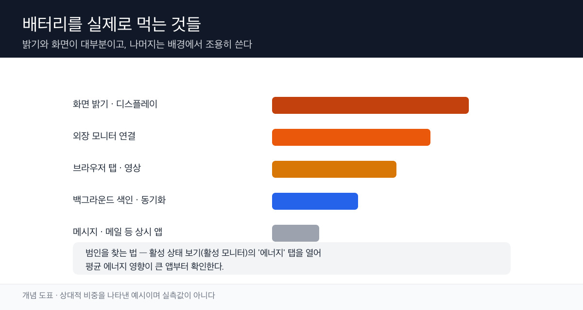 화면, 외장 디스플레이, 백그라운드 작업, 브라우저가 차지하는 전력 비중을 나타낸 개념 도표