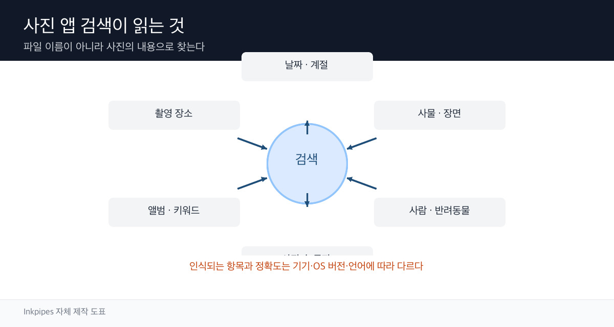 장소·날짜·사물·사람·텍스트가 검색 결과로 모이는 구조를 나타낸 모식도